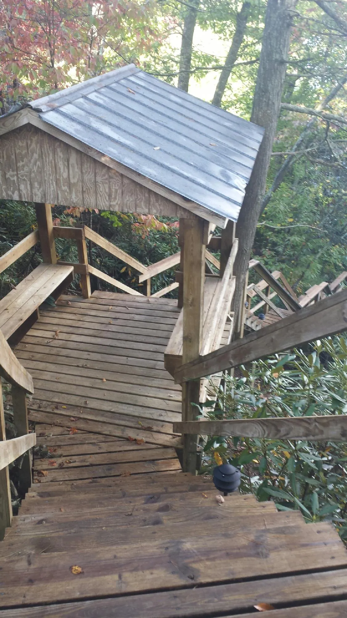 Metal roofed shelter over wooden steps on a wooded walkway — Skylight Repair & Installation work by our crew in Cashion